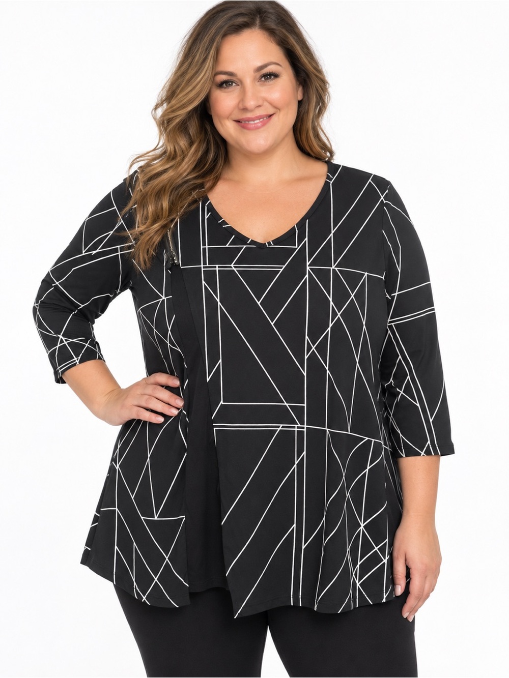 Red Coral XL Black & White Geometric 3/4 Sleeve Tunic Top